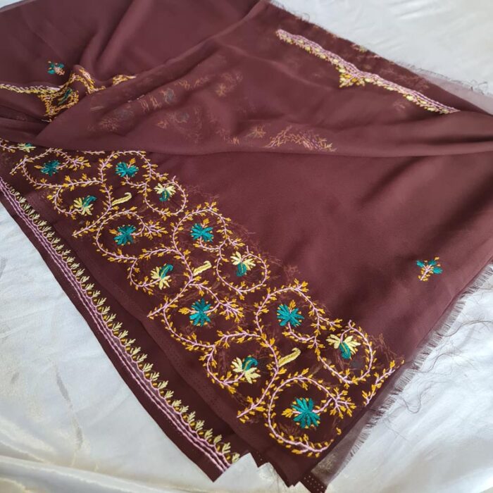 Brown Sozni Hand Embroidered Georgette Saree - Image 3