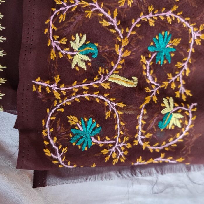 Brown Sozni Hand Embroidered Georgette Saree - Image 2