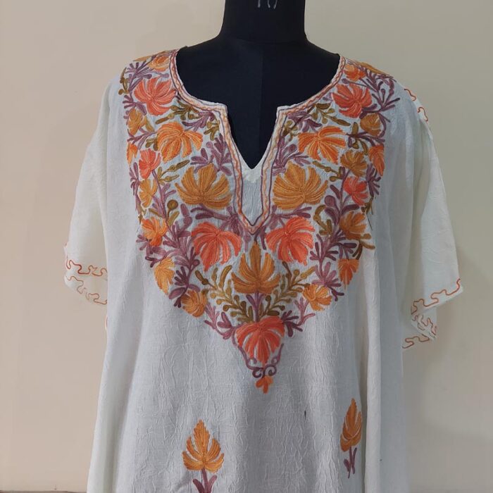 Cream Color Crush Cotton Aari Work Kaftan Top L48