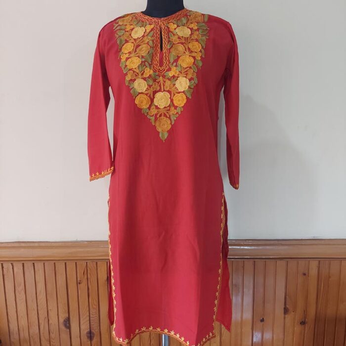 Red Floral Summer Cool Cotton Aari Kurta - Image 2
