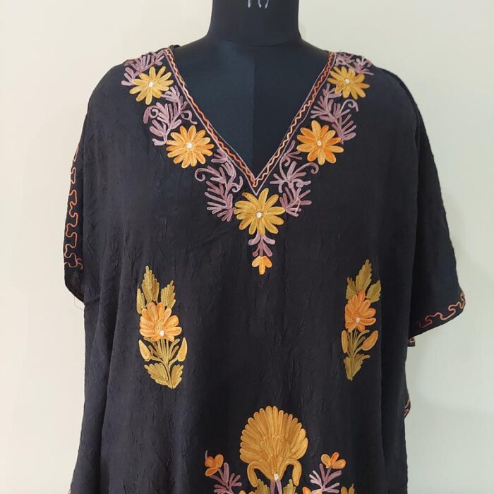 Black Floral Crush Cotton Aari Work Kaftan L48