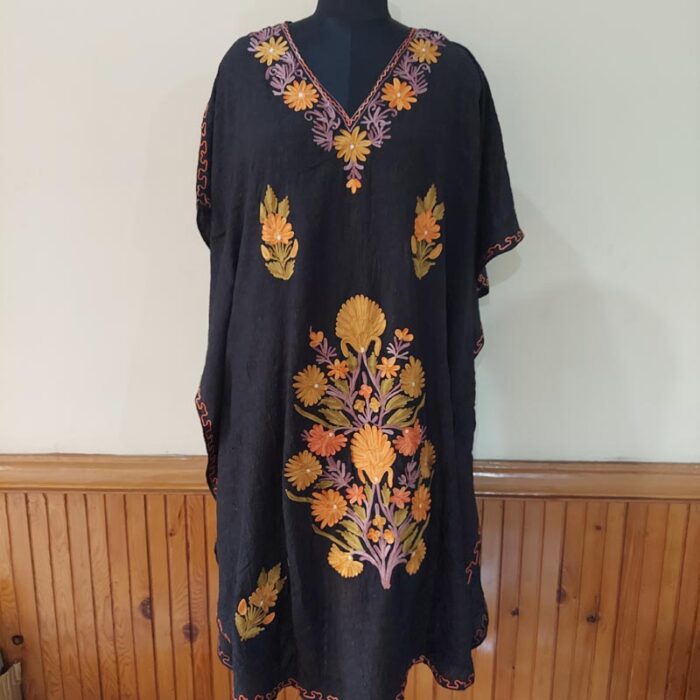 Black Floral Crush Cotton Aari Work Kaftan L48 - Image 3