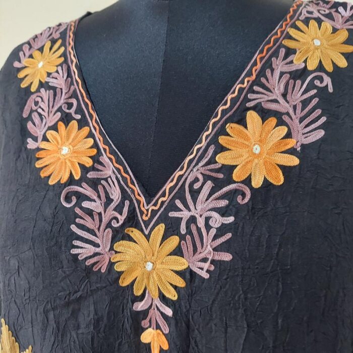 Black Floral Crush Cotton Aari Work Kaftan L48 - Image 2