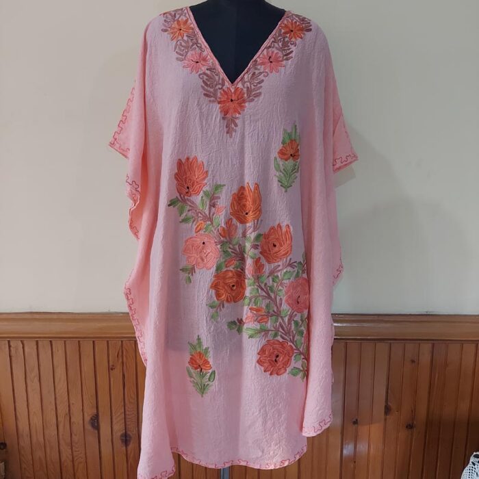 Rose Pink Crush Cotton Aari Work Kaftan Top L44 - Image 3