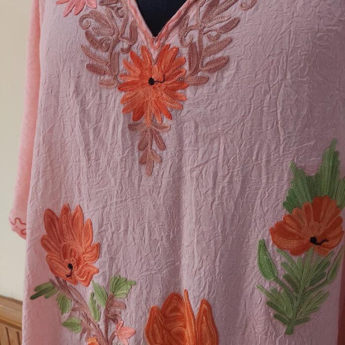 Rose Pink Crush Cotton Aari Work Kaftan Top L44 - Image 2