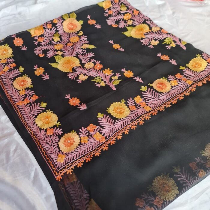 Black Georgette Aari Embroidered Saree With Floral Paisely Pattern