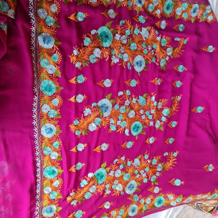 Purple Georgette Aari Embroidered Saree With Floral Paisely Pattern - Image 2