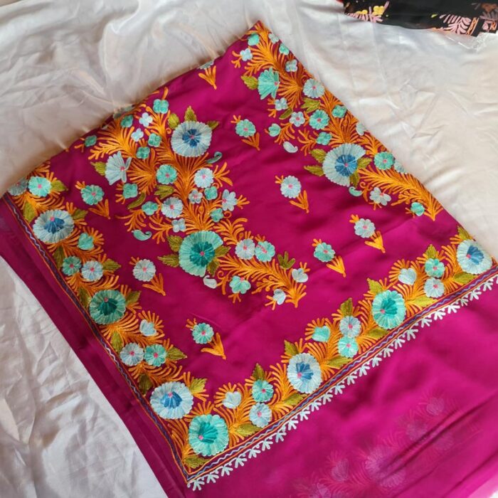 Purple Georgette Aari Embroidered Saree With Floral Paisely Pattern