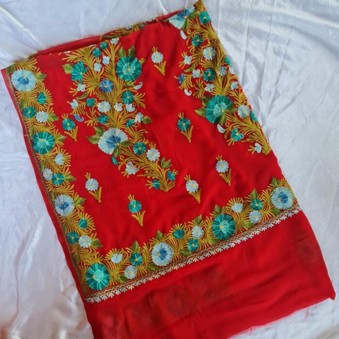Red Georgette Aari Embroidered Saree With Floral Paisely Pattern