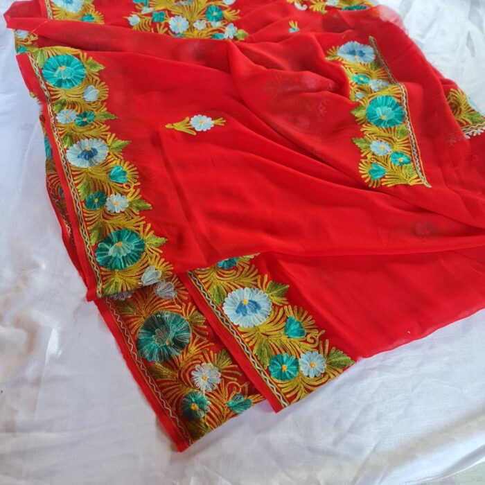 Red Georgette Aari Embroidered Saree With Floral Paisely Pattern - Image 2