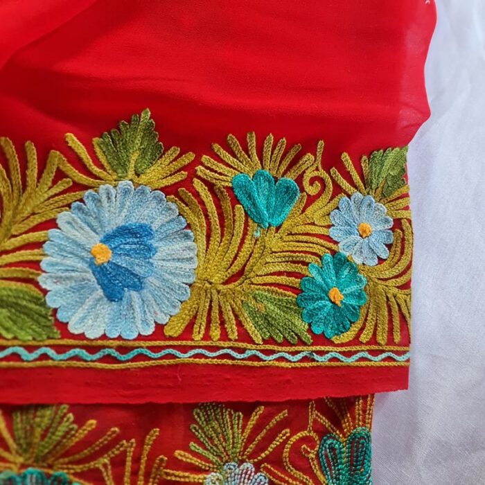 Red Georgette Aari Embroidered Saree With Floral Paisely Pattern - Image 3