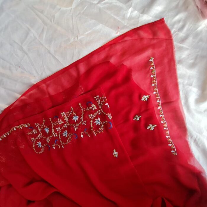 Maroon Authentic Kashmiri Sozni Handcrafted Georgette Saree - Image 3