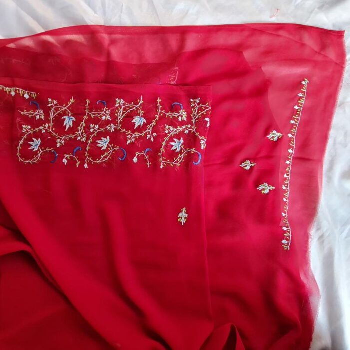 Maroon Authentic Kashmiri Sozni Handcrafted Georgette Saree - Image 2