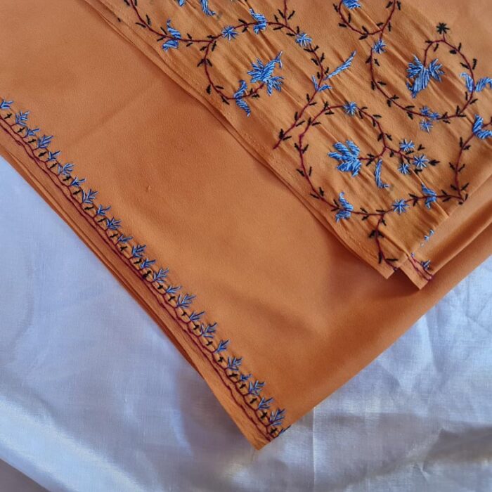 Saffron Color Authentic Kashmiri Sozni Handcrafted Crepe Saree - Image 2