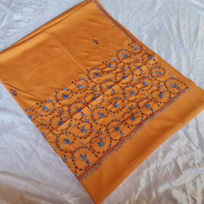 Saffron Color Authentic Kashmiri Sozni Handcrafted Crepe Saree