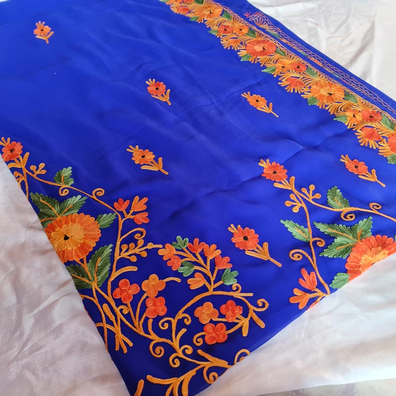 Dark Blue Georgette Aari Embroidered Saree With Floral Paisely Pattern - Image 2