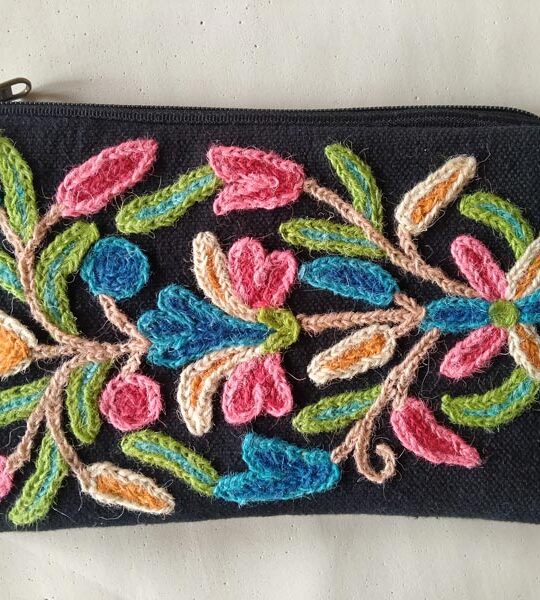 Black Hand Embroidered Crewel Pouch with Stiff Backing