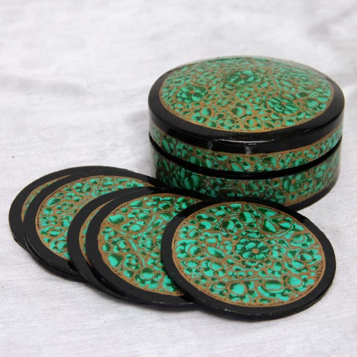 Set of 6 Paper Mache Green Tea Coasters with Box