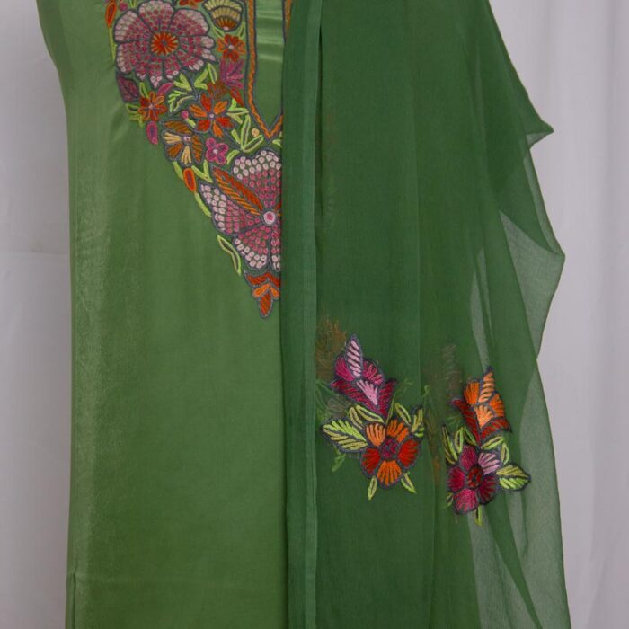 Pure Crepe Green 3pc Suit with Aari Handwork