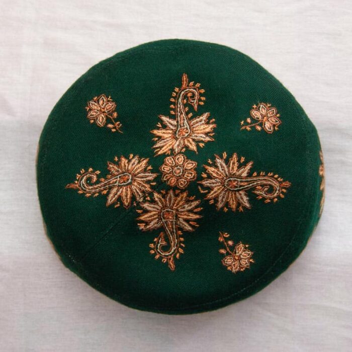 Dark Green Pure Pashmina Hand Sozni Cap - Image 2