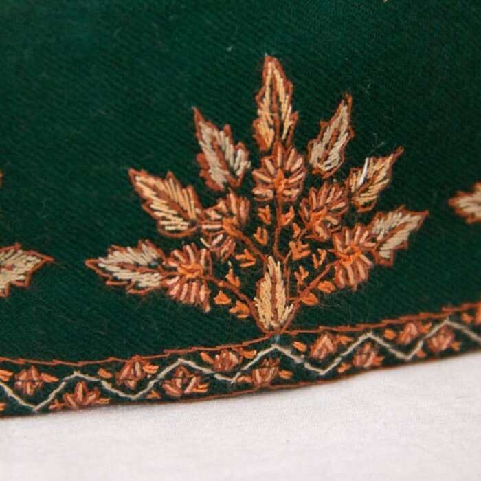 Dark Green Pure Pashmina Hand Sozni Cap - Image 4