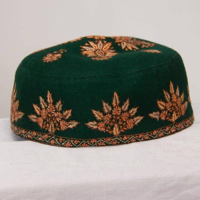 Dark Green Pure Pashmina Hand Sozni Cap