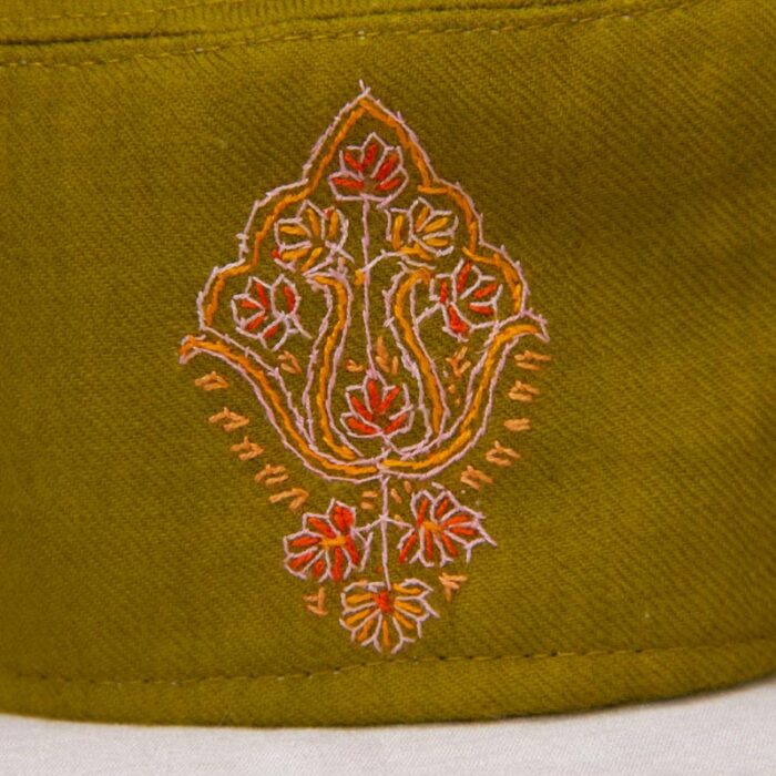 Green Pure Pashmina Hand Sozni Cap - Image 3