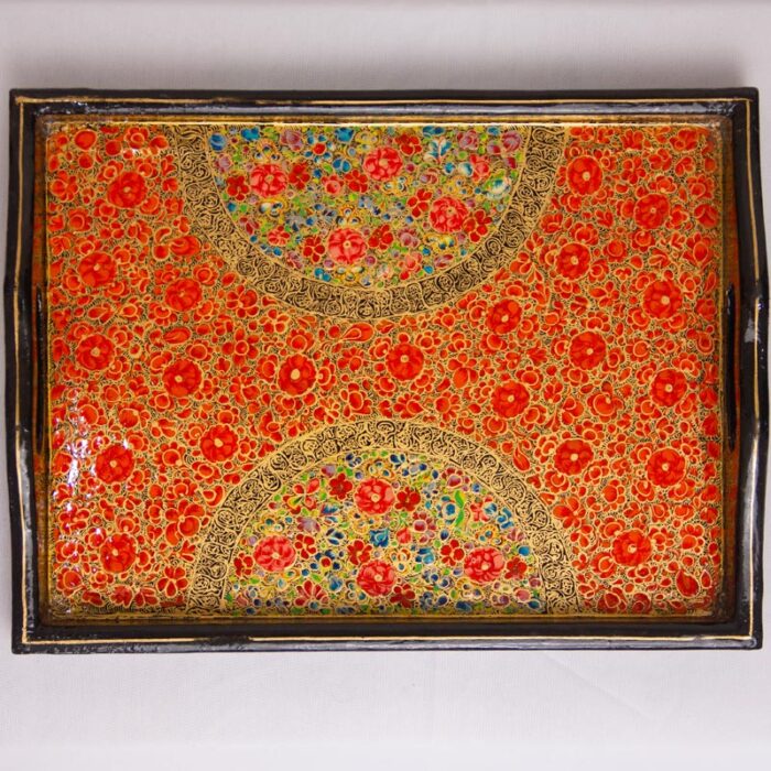 Handcrafted Red Floral Design Paper Machie Serving Tray