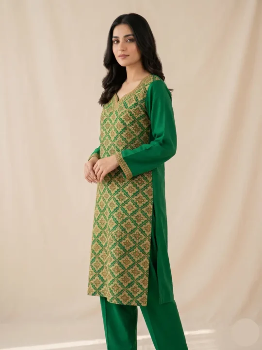 2pc Unstitched Suit with Kashmiri Jama Aari Handwork | Green Ruby Cotton