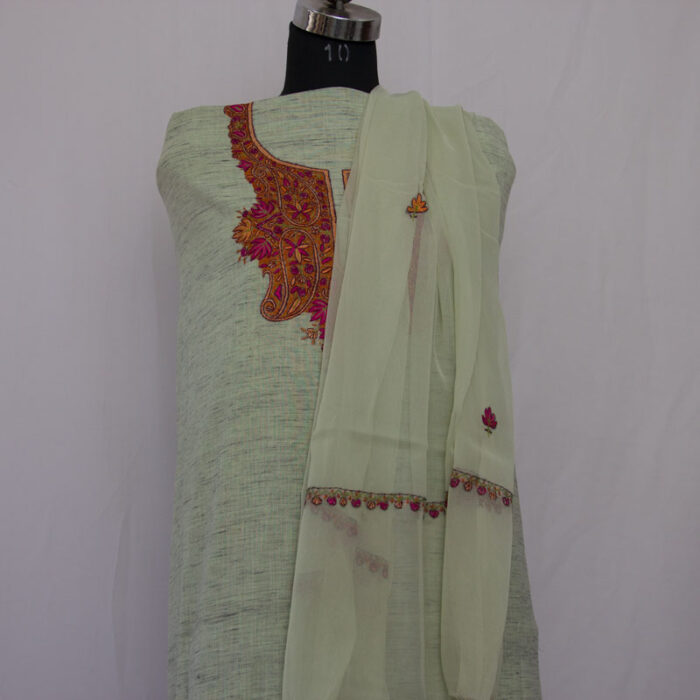 Pastel Green Khadi Cotton 3pc Suit with Sozni Handwork