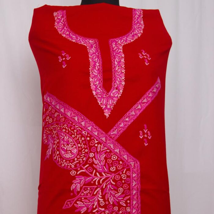 Red Cotton 2pc Suit with Kashmiri Aari Handwork