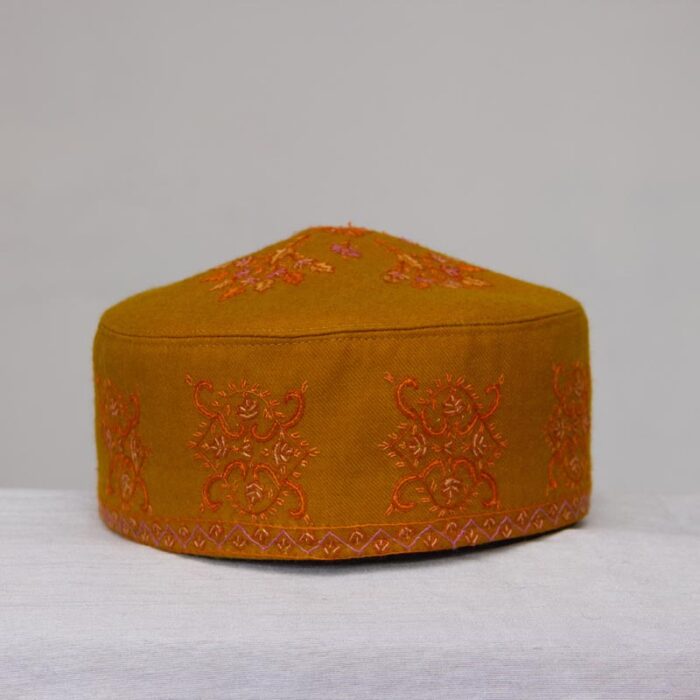 Mustard Pure Pashmina Hand Sozni Cap