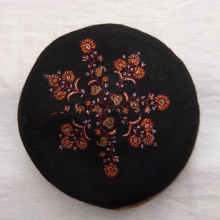 Black Pure Pashmina Hand Sozni Cap - Image 2