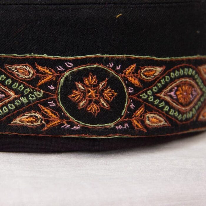Black Pure Pashmina Hand Sozni Cap - Image 3
