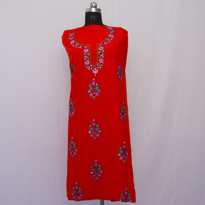 Orange Red Cotton 2pc Suit with Paper Mache Sozni Handwork