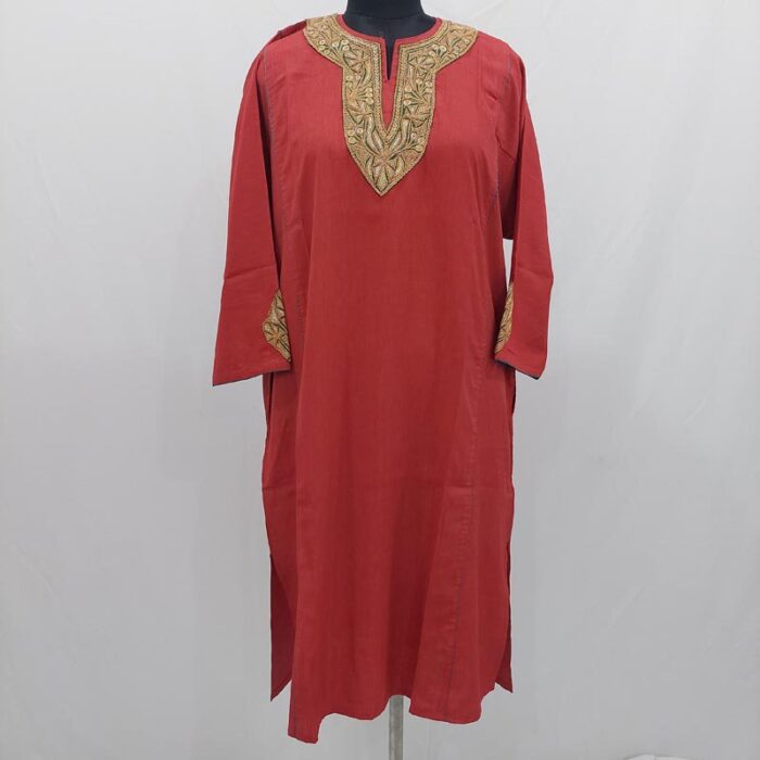 Red Tilla Cotton Summer Pheran - Image 3