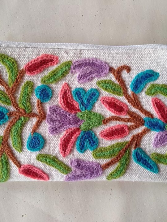 White Hand Embroidered Crewel Pouch with Stiff Backing