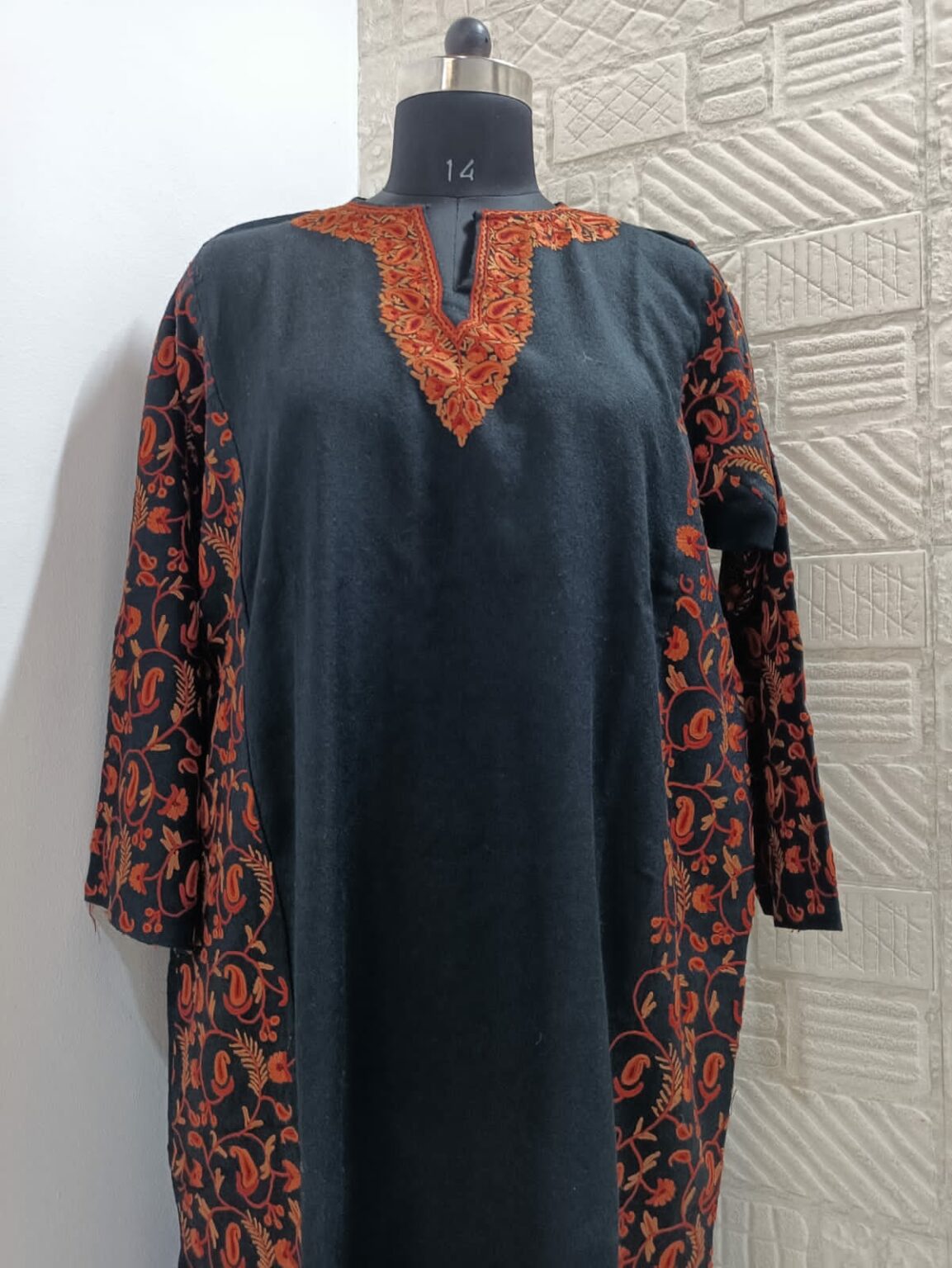 Black Pure Raffal Pheran With Red Hand Aari Embroidery