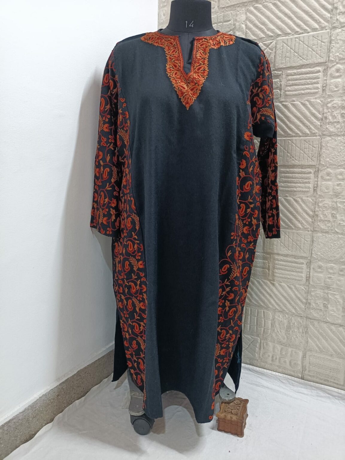 Black Pure Raffal Pheran With Red Hand Aari Embroidery - Image 3