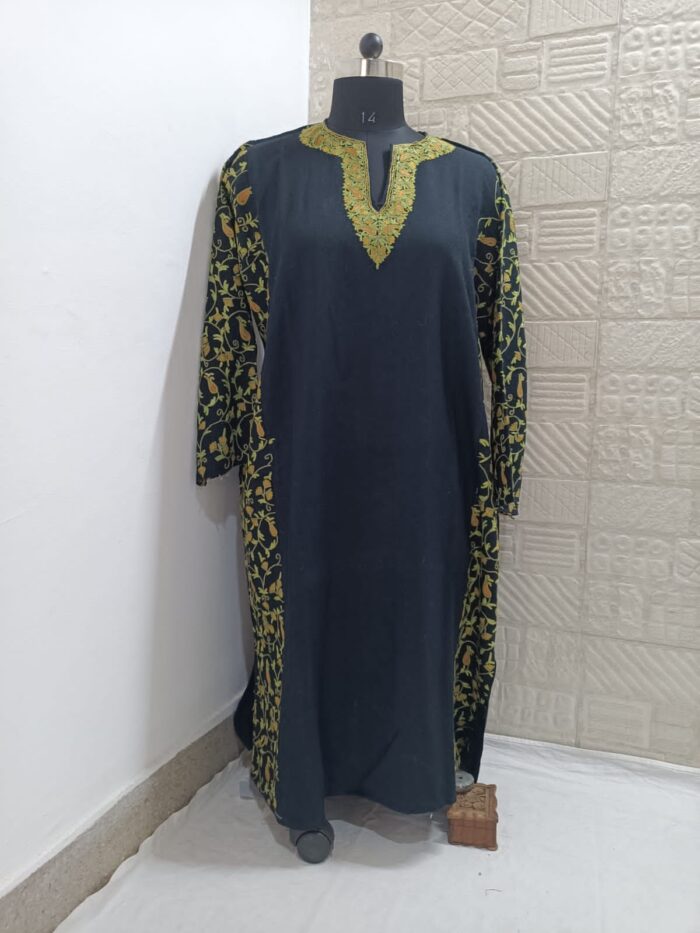 Black Pure Raffal Pheran With Yellow Hand Aari Embroidery - Image 3