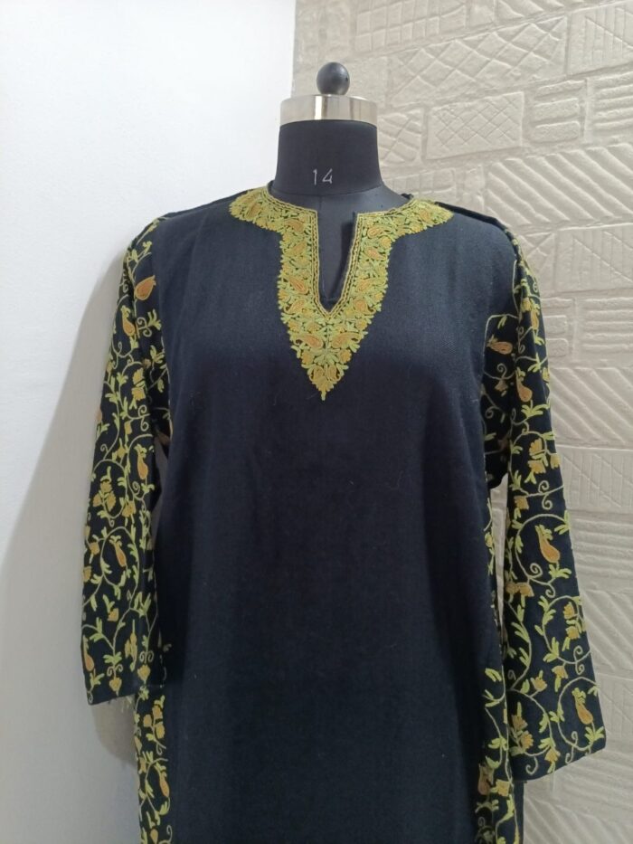 Black Pure Raffal Pheran With Yellow Hand Aari Embroidery