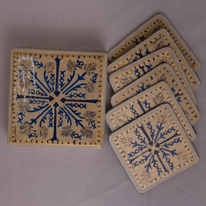 Cream and Blue Handcrafted Paper Machie Square Coaster Set With Box