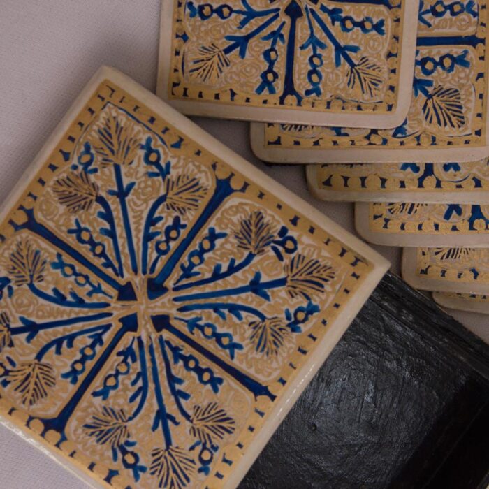 Cream and Blue Handcrafted Paper Machie Square Coaster Set With Box - Image 3