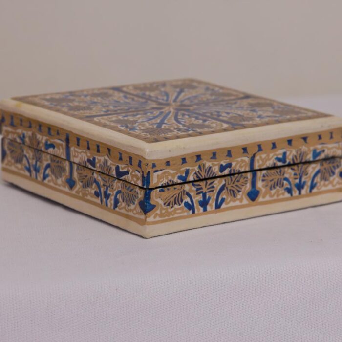 Cream and Blue Handcrafted Paper Machie Square Coaster Set With Box - Image 2