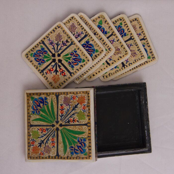 Cream Floral Design Handcrafted Paper Machie Square Coaster Set With Box