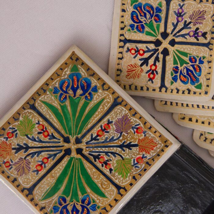 Cream Floral Design Handcrafted Paper Machie Square Coaster Set With Box - Image 2