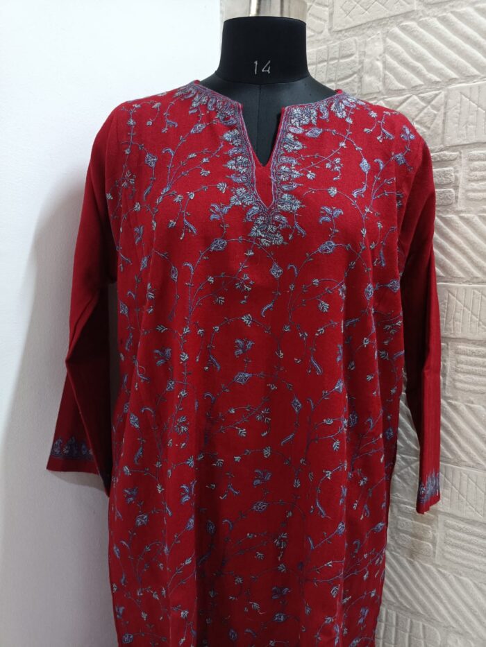 Maroon Pure Raffal Pheran With Hand Sozni Embroidery