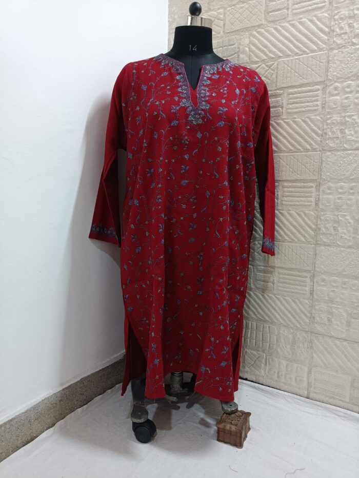 Maroon Pure Raffal Pheran With Hand Sozni Embroidery - Image 3