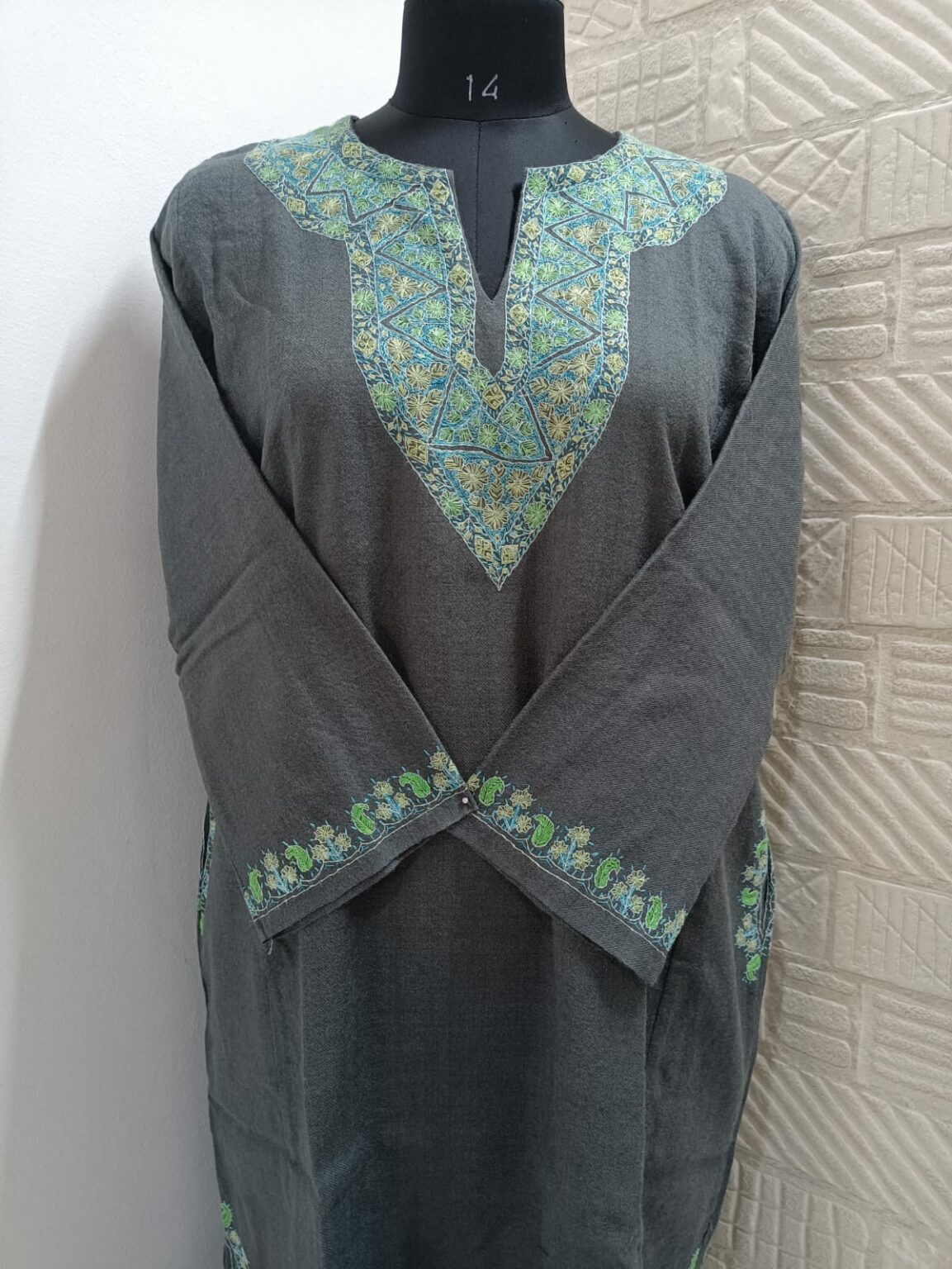 Grey Pure Raffal Pheran With Floral Hand Sozni Embroidery