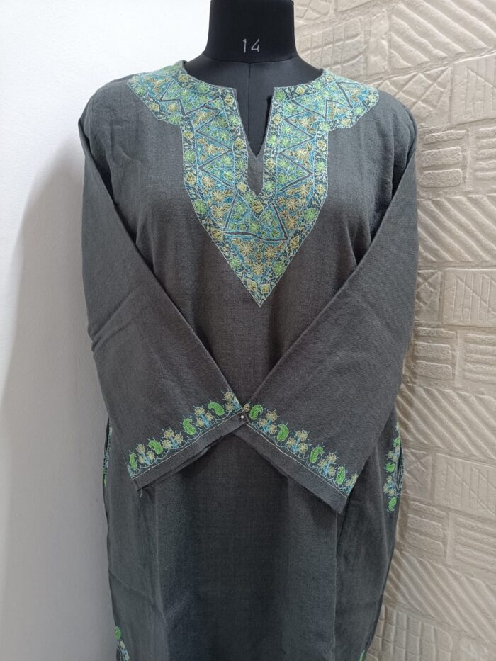 Grey Pure Raffal Pheran With Floral Hand Sozni Embroidery